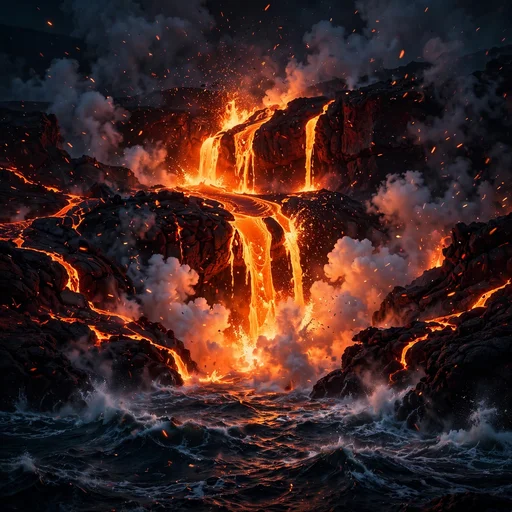 Volcano Lava Meeting Ocean at Night, nature DP
