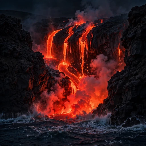 molten lava pouring into the ocean at night nature dp
