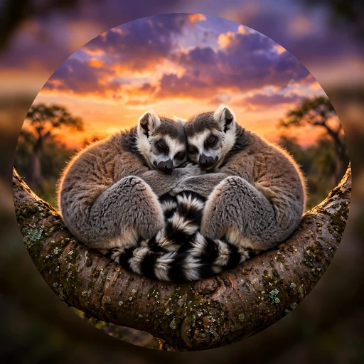 Two lemurs curled up together on a baobab branch at sunset