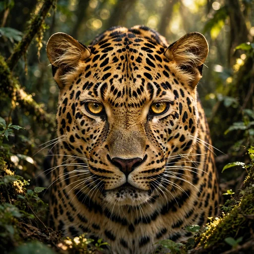 Leopard portrait with mesmerizing golden eyes in dappled jungle light