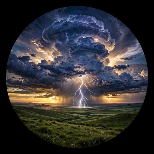 Towering thunderhead with forked lightning over green plains at dusk, nature DP