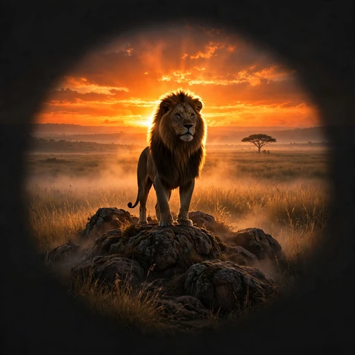 Lion silhouetted against a blazing savanna sunrise, motivational WhatsApp DP