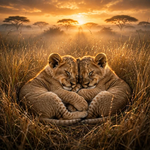 Two lion cubs cuddled together napping in golden savanna grass at sunrise, friendship DP