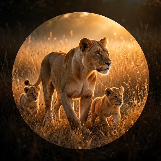 Lioness leading her two cubs across golden savanna grass at sunrise, motivational DP