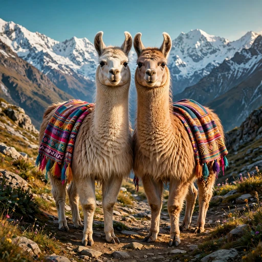 Two llamas in woven blankets standing together in the Andes mountains