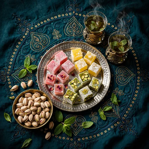 Silver tray of colorful Turkish delight cubes with steaming mint tea glasses and pistachios