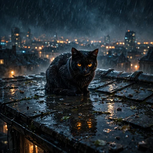Lone black cat hunched on a rain-wet rooftop at night, sad DP