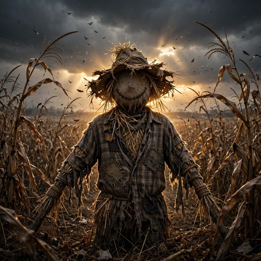 Lone scarecrow standing in a withered cornfield under a stormy sky, sad DP
