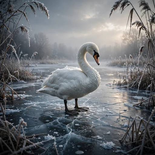 Single white swan standing alone on a frozen cracked pond, sad WhatsApp DP