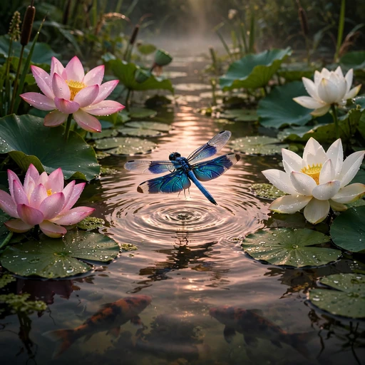 lotus pond with dragonfly at dawn nature dp
