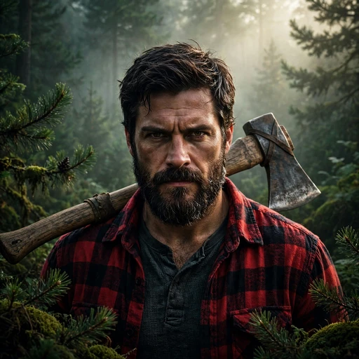 fictional adult man lumberjack with axe over shoulder in misty pines attitude dp