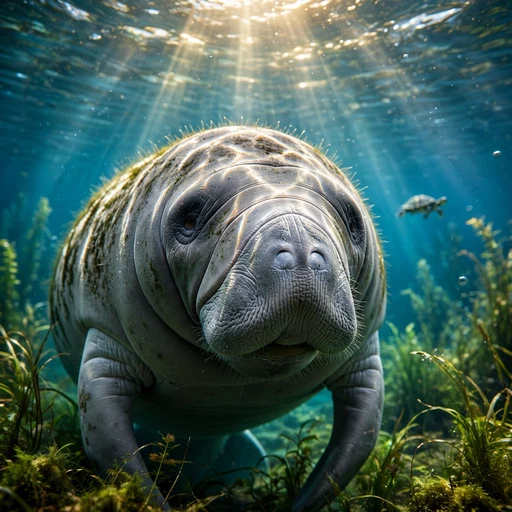 Manatee gliding through crystal-clear turquoise spring water in sunlight, square animal DP