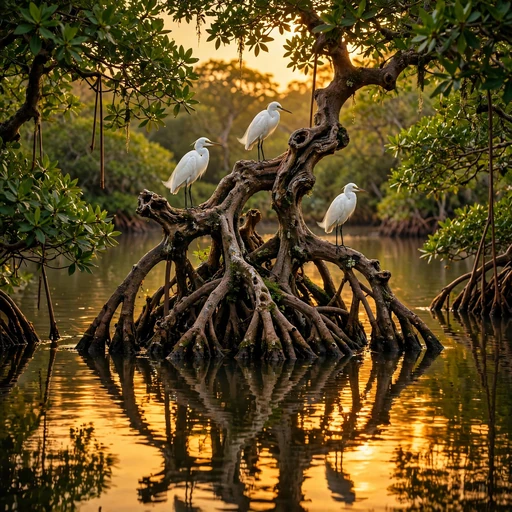 White egrets perched on mangrove roots at golden dusk, square nature WhatsApp DP