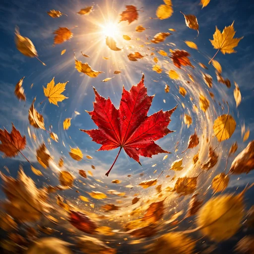 Red maple leaf rising on an autumn updraft into deep blue sky, motivational DP
