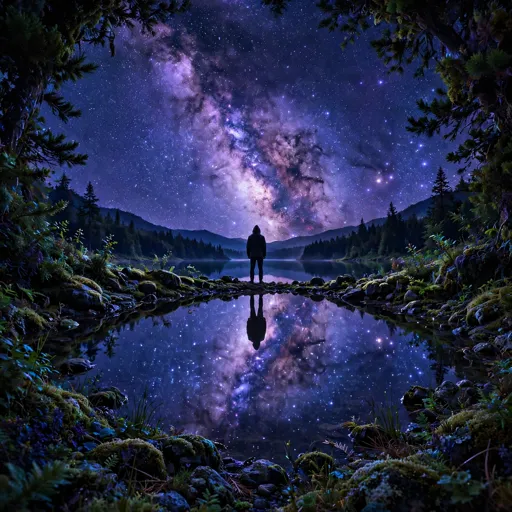 Lone silhouette by a lake with the milky way reflected in the water, square motivational profile picture