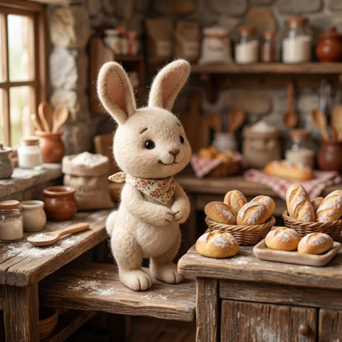 A soft plush bunny stands beside tiny bread rolls in a cozy miniature bakery