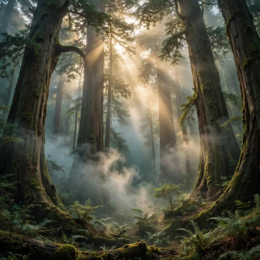 Mist curling between giant ancient redwood trees