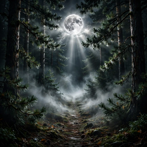 Moonlit misty pine forest at night, nature profile picture