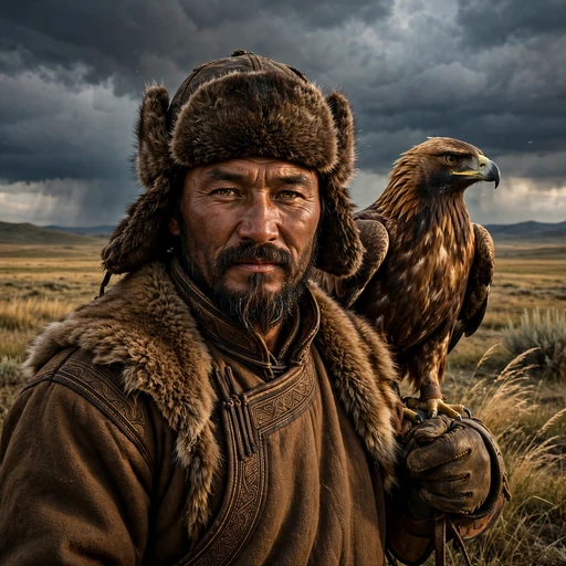Mongolian eagle hunter with golden eagle on arm, attitude WhatsApp DP