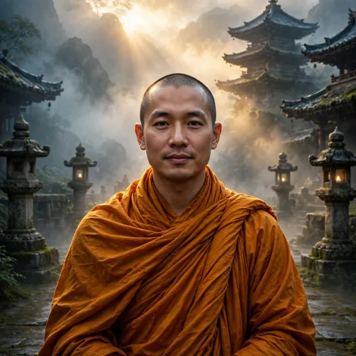 Buddhist monk in saffron robes in a misty mountain temple courtyard at dawn, square boys DP