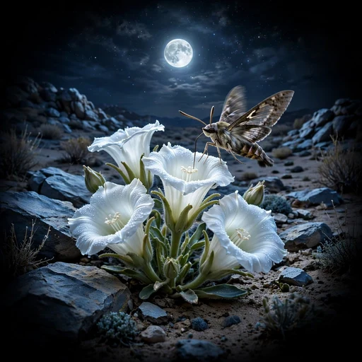 White moonflowers blooming in a desert under a full moon with a hawk moth, nature display photo