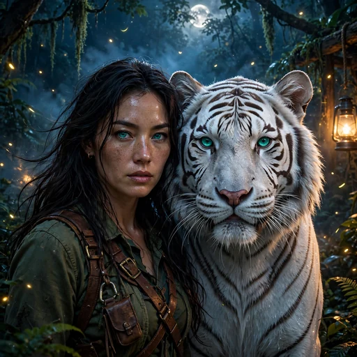 fictional adult woman tiger keeper with white tiger under moonlight in misty sanctuary attitude dp