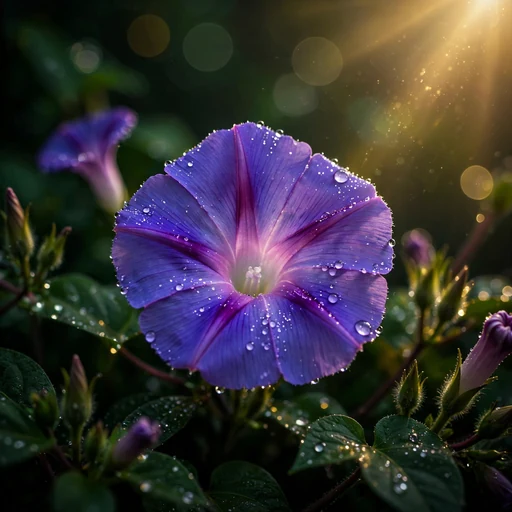 Violet morning glory flower with dewdrops in morning light, WhatsApp DP