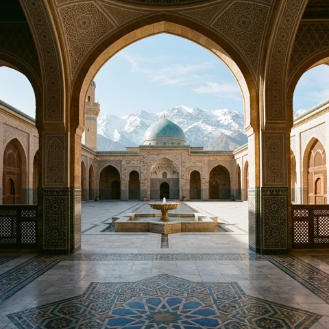A mosque courtyard overlooks distant snowy mountain peaks in clear morning light