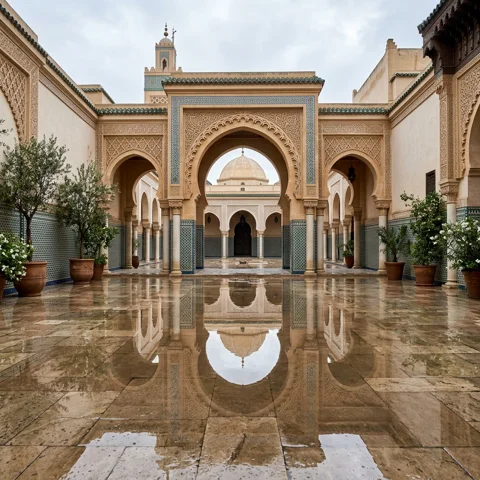 A small mosque courtyard with stone paving reflects a graceful arch after fresh rain