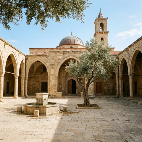 An old olive tree shades a stone mosque courtyard with a small fountain