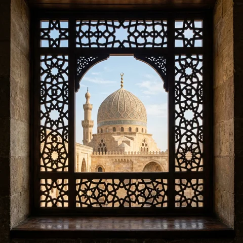 A mosque dome is framed by a finely carved lattice window