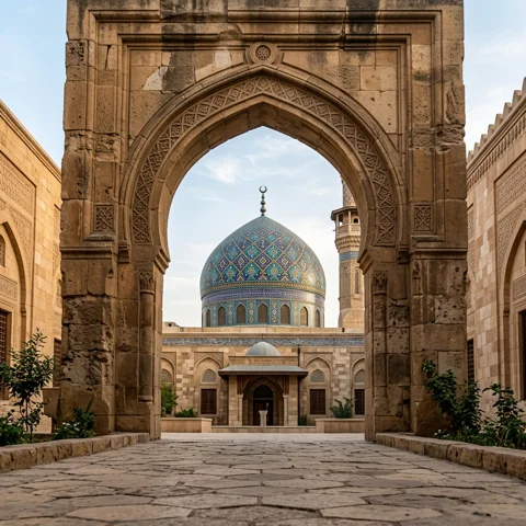A graceful mosque dome is seen through a weathered stone archway