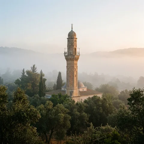 A mosque minaret emerges softly from morning fog above a grove of trees
