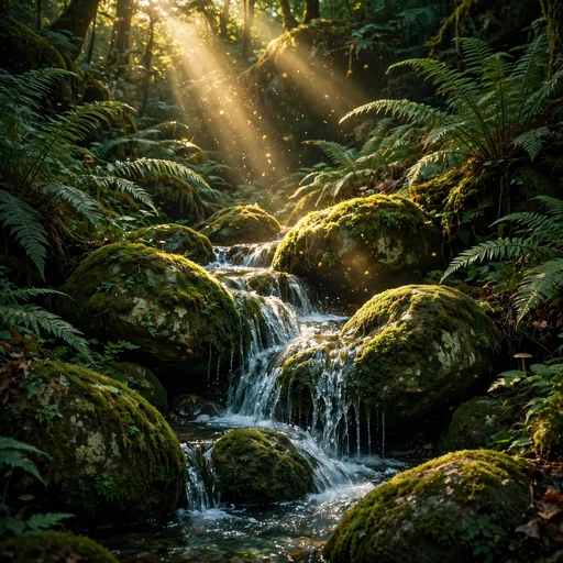 mossy forest stream with sunbeams nature dp