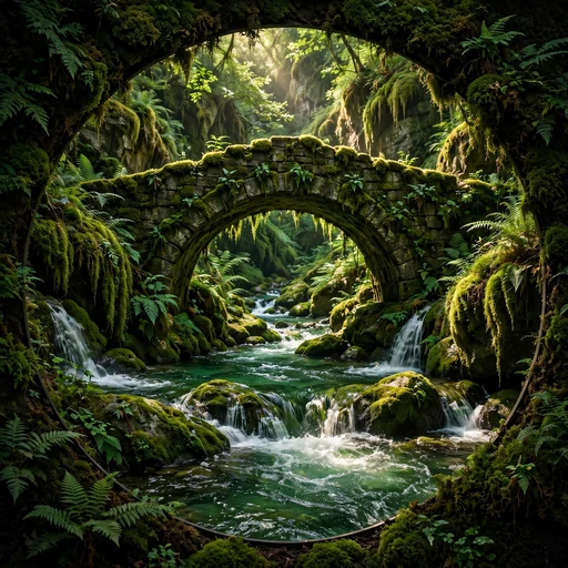 Mossy ancient stone bridge arching over an emerald forest stream, nature display photo