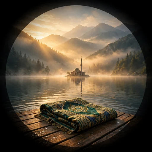 Sunrise Prayer Mat by a Mountain Lake - Islamic WhatsApp DP