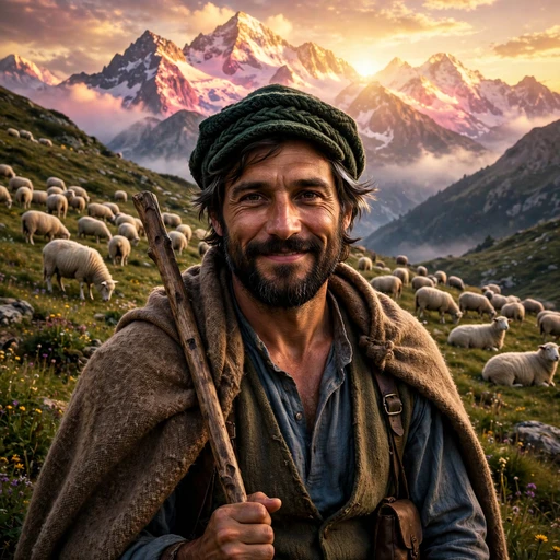 shepherd with flock of sheep alpine meadow sunrise boys dp