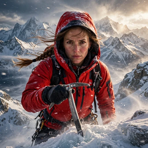 fictional adult woman mountaineer with ice axe on a snowy summit attitude dp