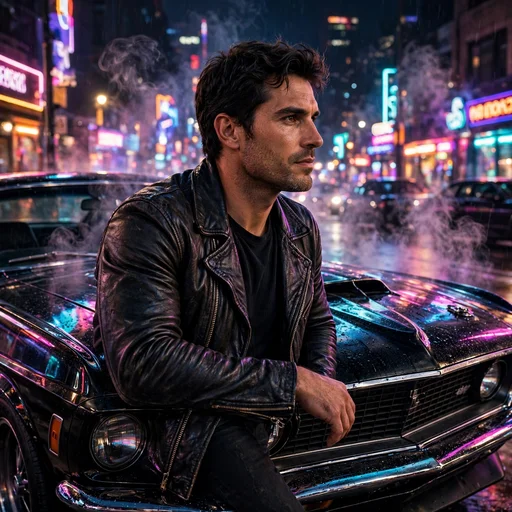 man leaning on classic muscle car at night attitude dp
