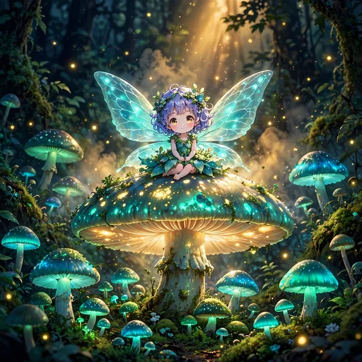 tiny anime fairy on glowing mushroom in night forest anime dp