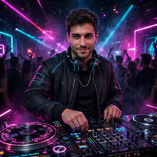 dj spinning turntables in neon club attitude dp
