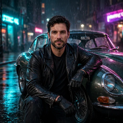 composed man leaning on vintage sports car neon street attitude dp