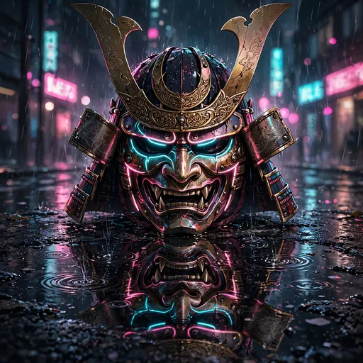 glowing samurai mask in neon rainy street anime dp