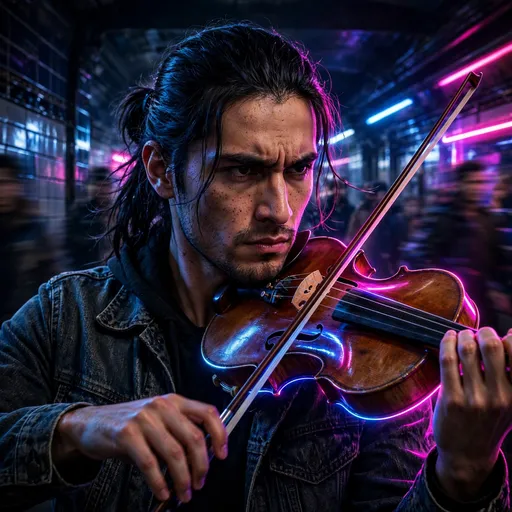 young violinist playing under neon subway lights