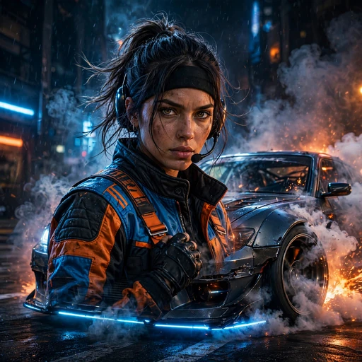 Drift racer beside smoking car at night with neon glow, attitude WhatsApp DP