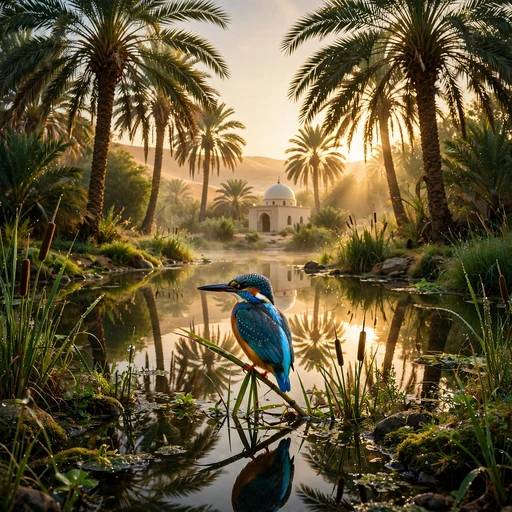 White-domed mosque among date palms at dawn with a kingfisher by the oasis water