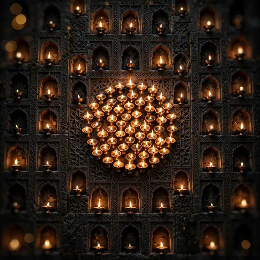 Rows of glowing brass oil lamps in carved stone niches of a dark mosque wall