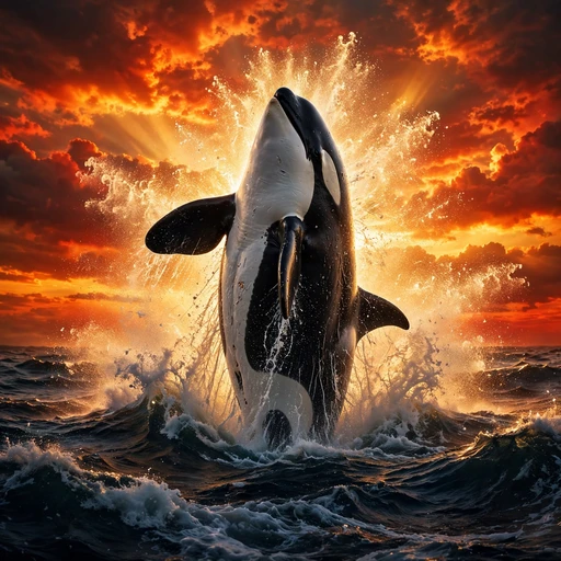 Orca breaching through golden spray at sunset, square motivational profile picture