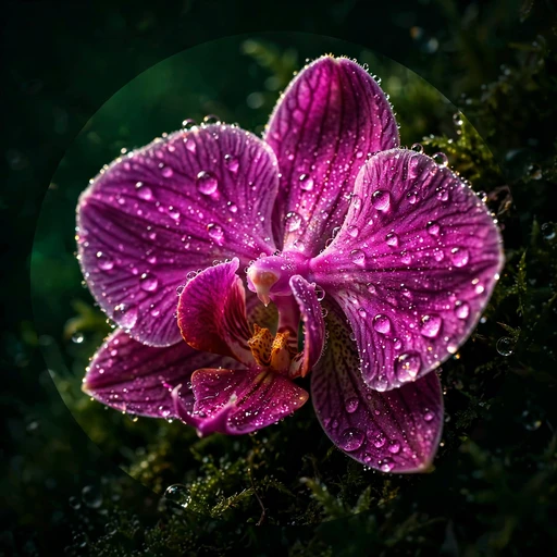 Magenta orchid bloom macro with crystal raindrops on petals, nature DP