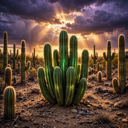 Organ pipe cactus forest under storm clouds at sunset, WhatsApp DP